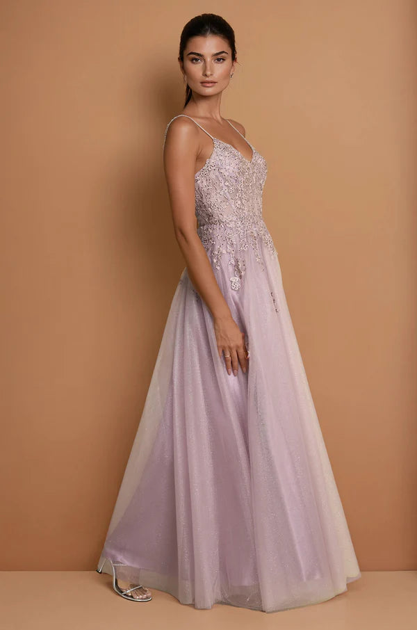 Lilac Glitter Tulle Spaghetti Strap Lace-Up Back Lace Applique Maxi Evening Dresses