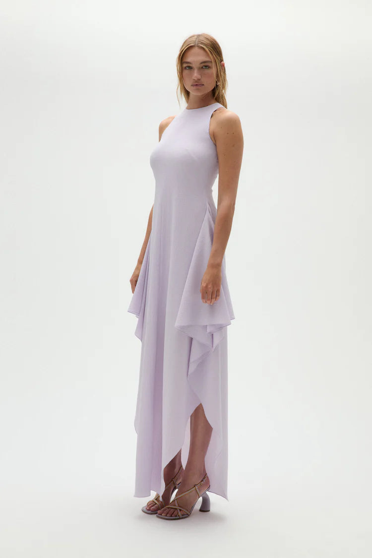Lilac Halter Neck Layered Ruffle High Low Maxi Evening Dresses