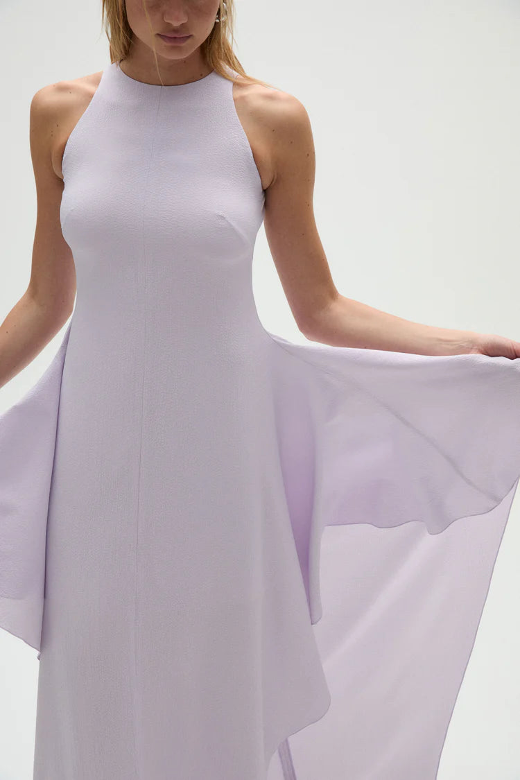 Lilac Halter Neck Layered Ruffle High Low Maxi Evening Dresses