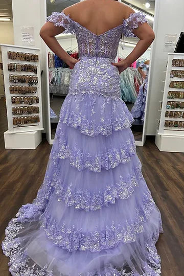 Lilac Off-Shoulder Layered Appliques Prom Dress with Slit