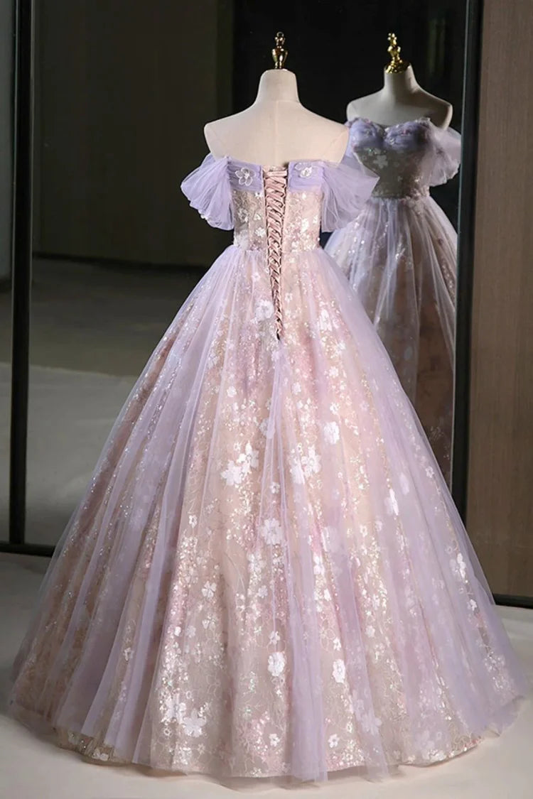 Lilac Off-the-Shoulder 3D Floral Evening Dresses