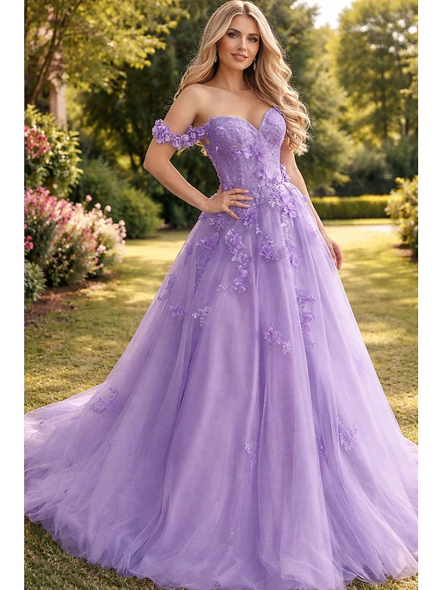 Lilac Off-the-Shoulder 3D Floral Evening Dresses