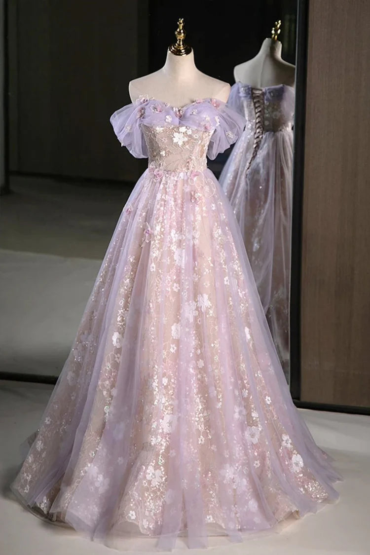 Lilac Off-the-Shoulder 3D Floral Evening Dresses