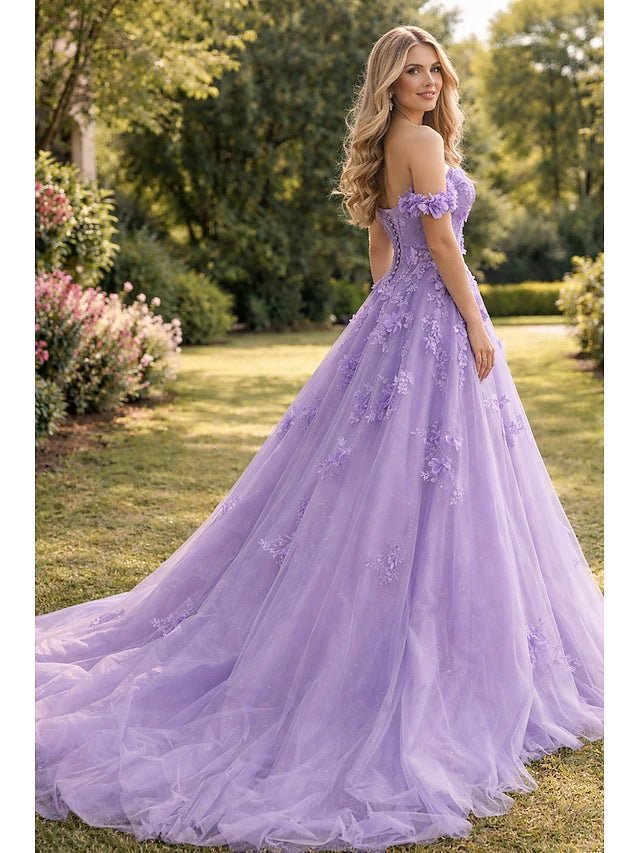 Lilac Off-the-Shoulder 3D Floral Evening Dresses