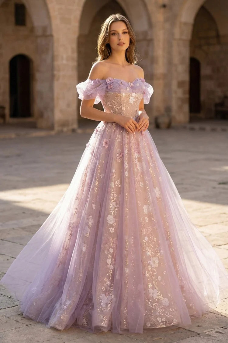 Lilac Off-the-Shoulder 3D Floral Evening Dresses
