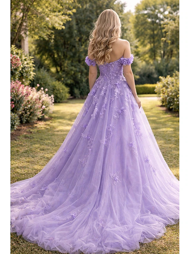 Lilac Off-the-Shoulder 3D Floral Evening Dresses