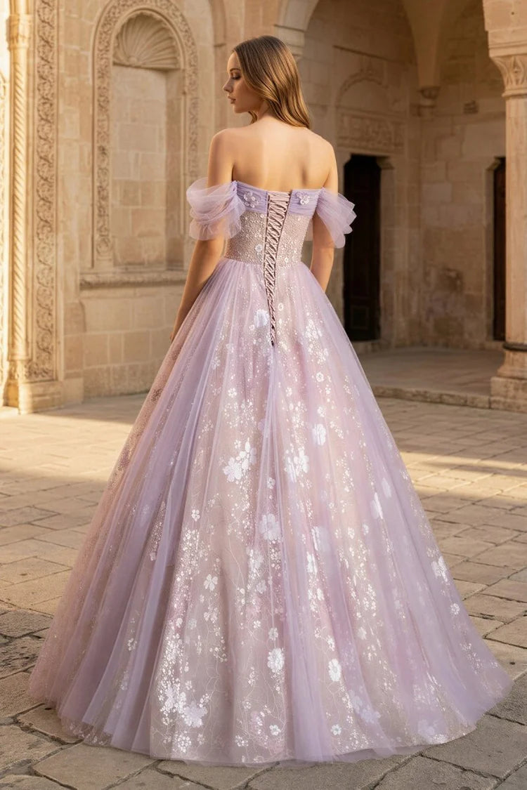 Lilac Off-the-Shoulder 3D Floral Evening Dresses