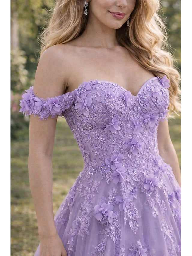 Lilac Off-the-Shoulder 3D Floral Evening Dresses