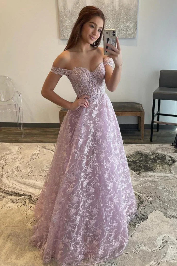 Lilac Off-the-Shoulder Ball Gown Prom Dress with Lace AppliquÃ© and Sweetheart Neckline