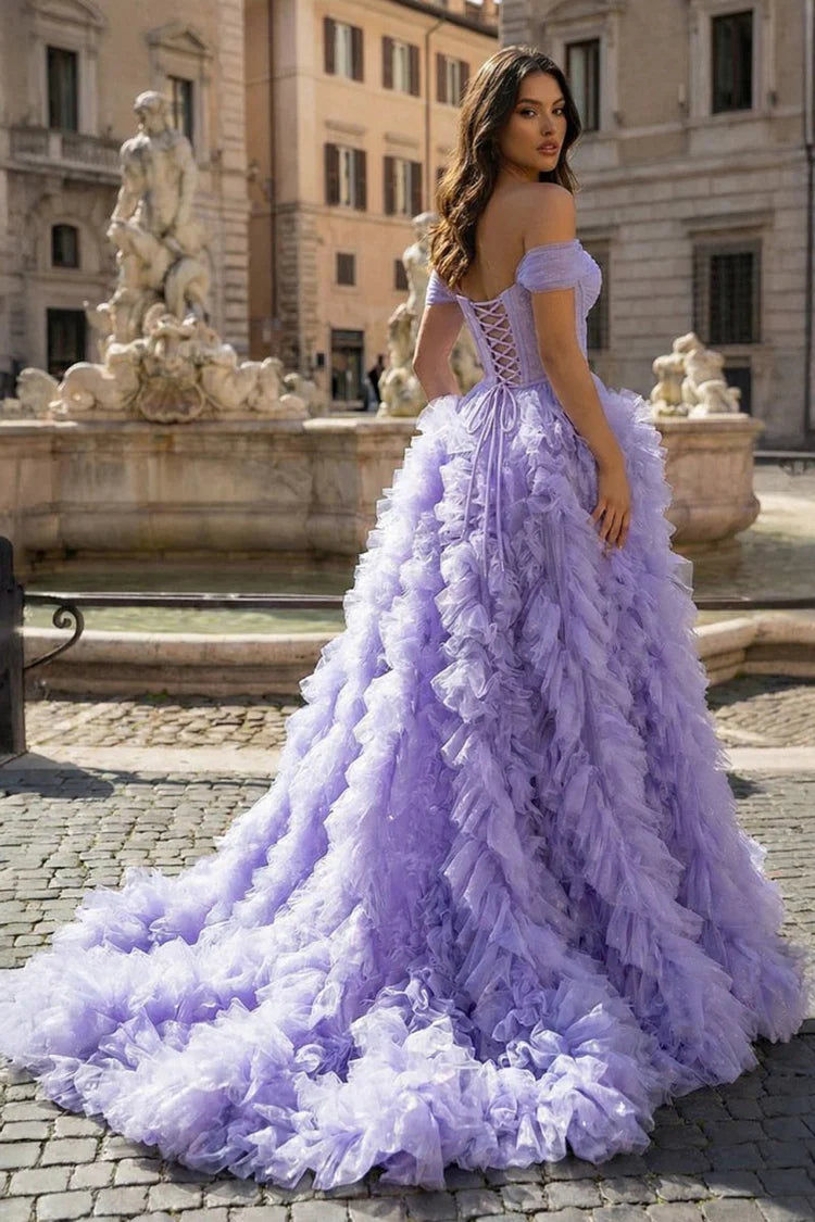 Lilac Off-the-Shoulder Ruffle Tulle Evening Dresses