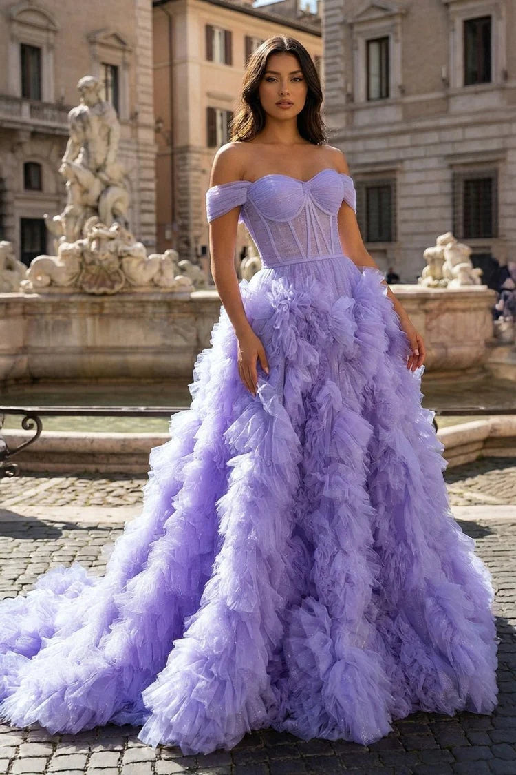 Lilac Off-the-Shoulder Ruffle Tulle Evening Dresses