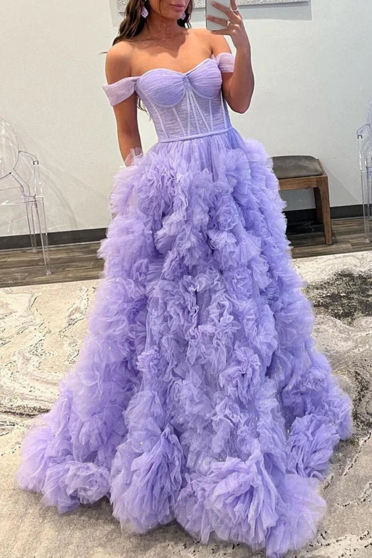 Lilac Off-the-Shoulder Ruffle Tulle Evening Dresses