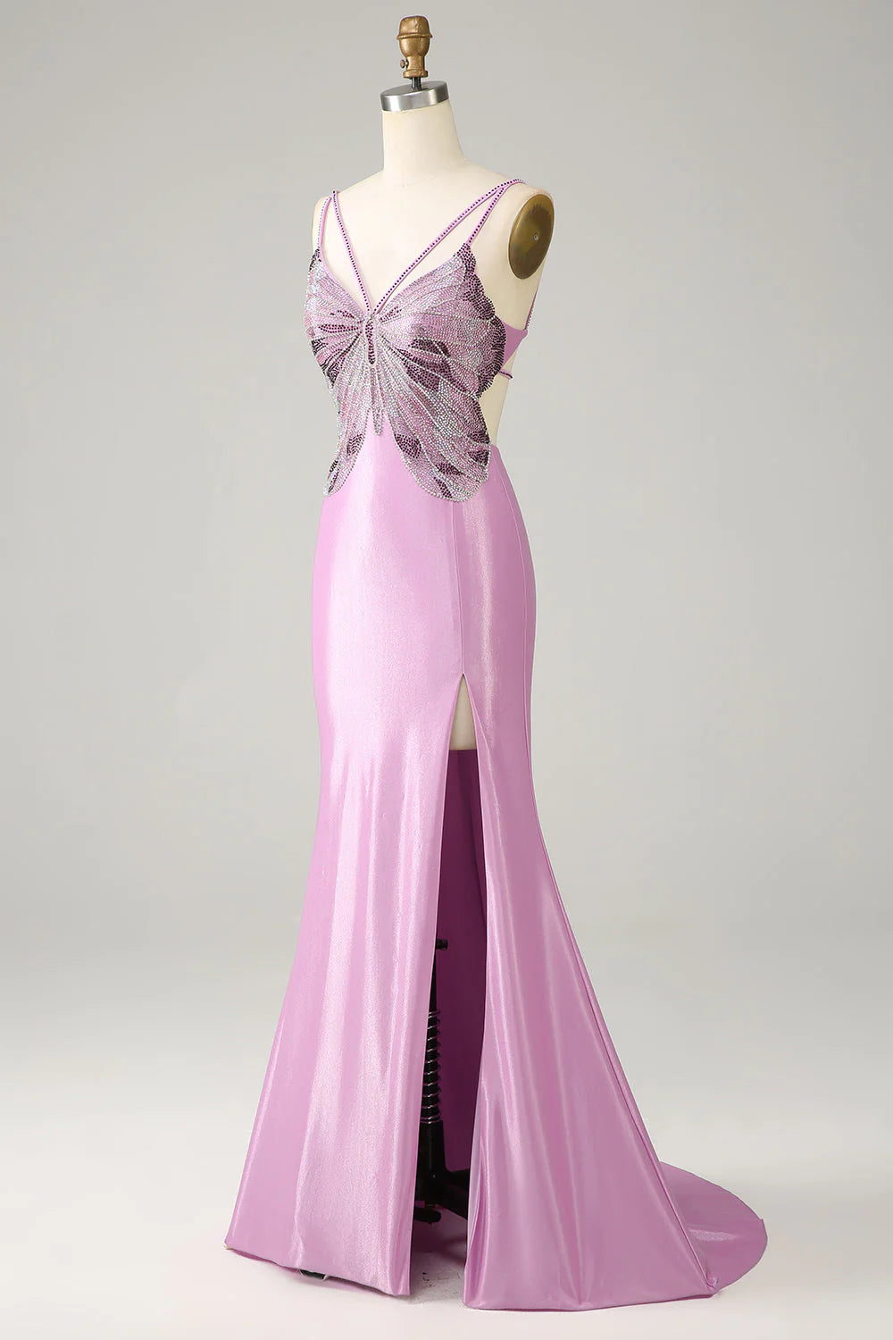 Lilac Purple Butterfly Beaded Spaghetti Strap High Slit Satin Mermaid Maxi Evening Dresses