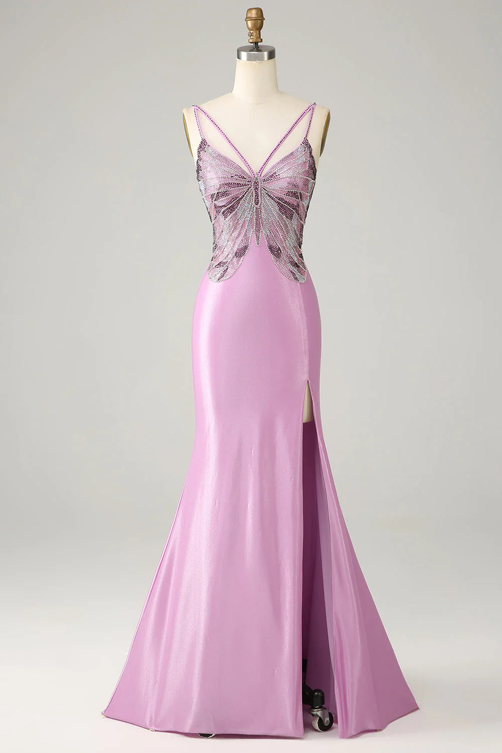 Lilac Purple Butterfly Beaded Spaghetti Strap High Slit Satin Mermaid Maxi Evening Dresses