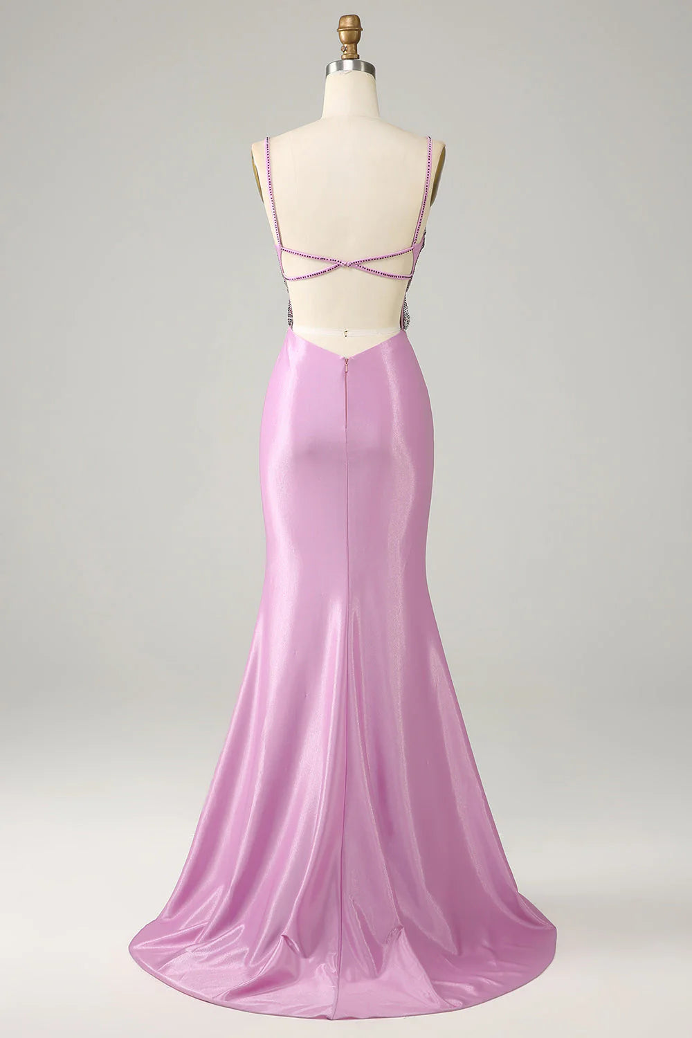 Lilac Purple Butterfly Beaded Spaghetti Strap High Slit Satin Mermaid Maxi Evening Dresses