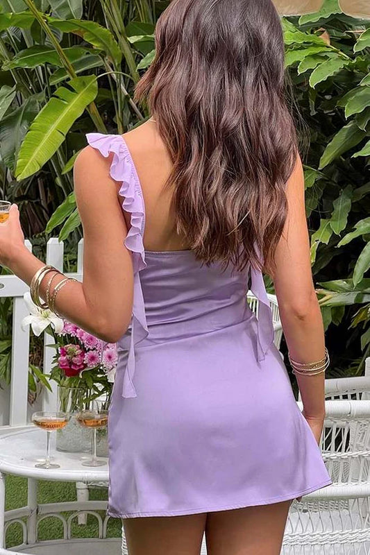 Lilac Ruffles Straps V-Neck Sleeveless Satin Short Homecoming Dress