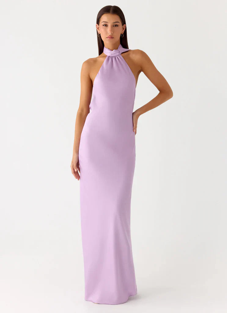 Lilac Satin Halter Neck Backless Tie Maxi Prom Dress For Elegant Formal Occasions