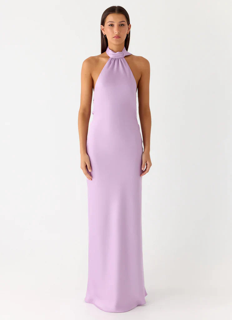 Lilac Satin Halter Neck Backless Tie Maxi Prom Dress For Elegant Formal Occasions