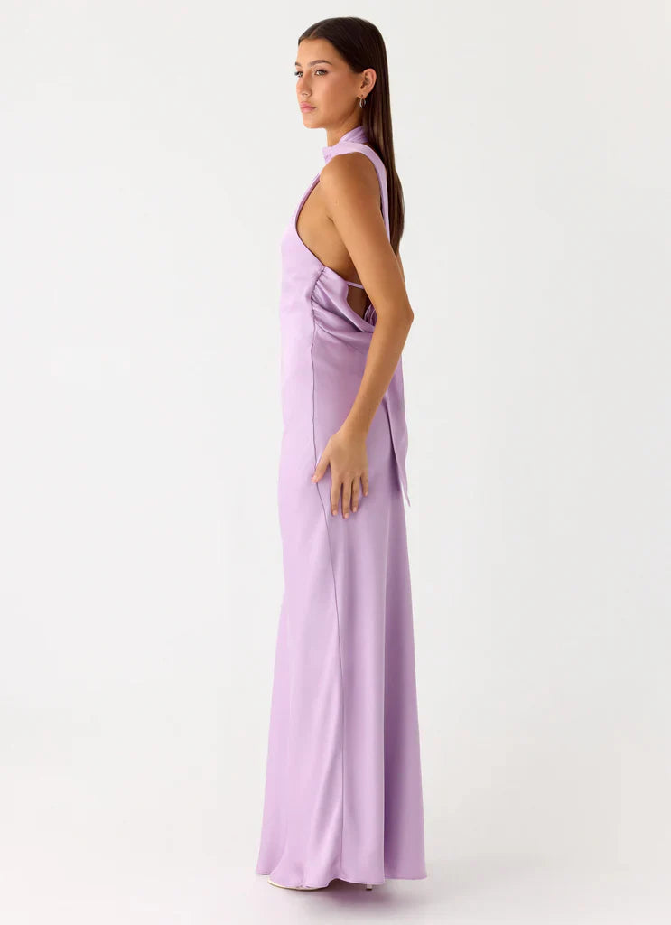 Lilac Satin Halter Neck Backless Tie Maxi Prom Dress For Elegant Formal Occasions