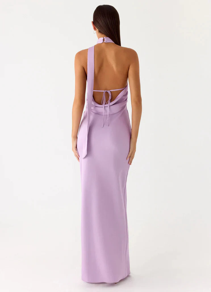Lilac Satin Halter Neck Backless Tie Maxi Prom Dress For Elegant Formal Occasions