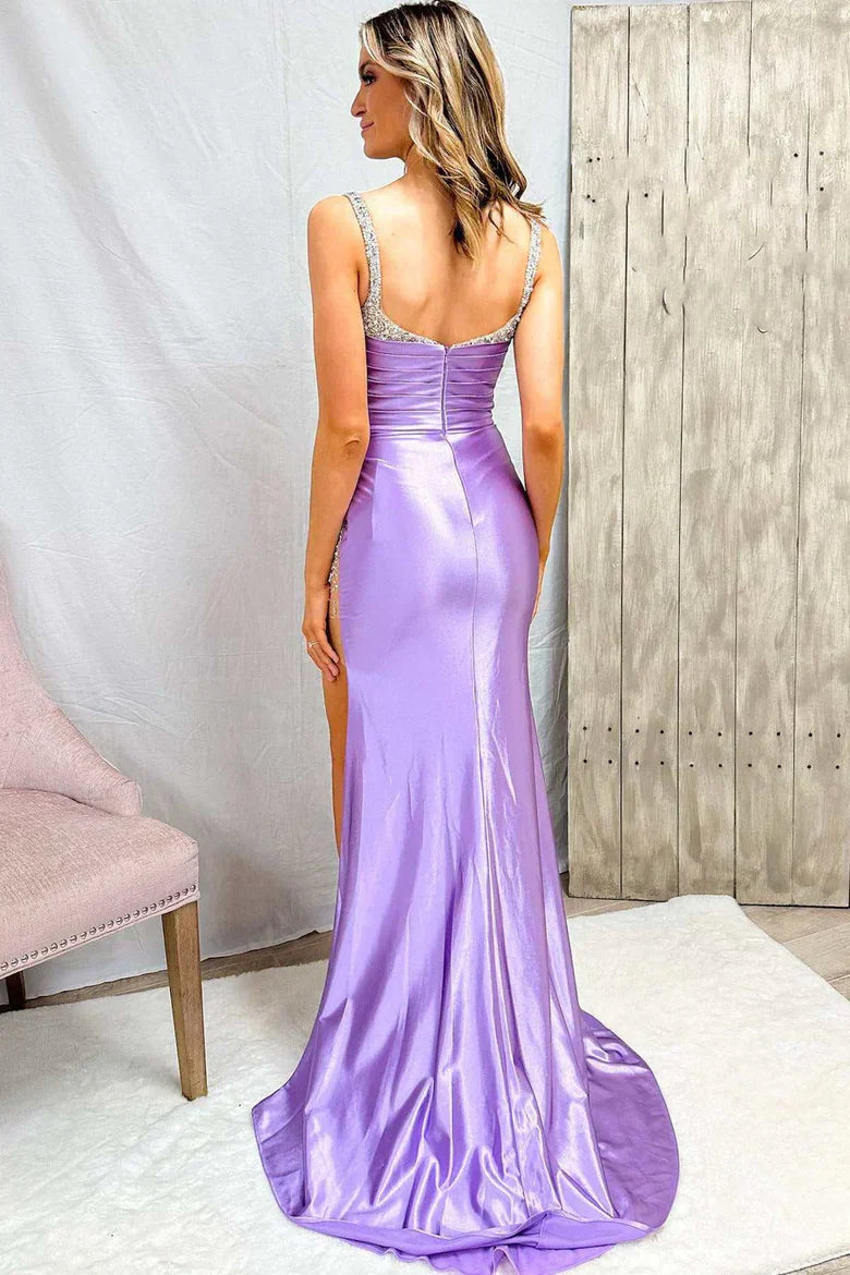 Lilac Satin Mermaid Prom Dress with Beaded Straps and High Slit