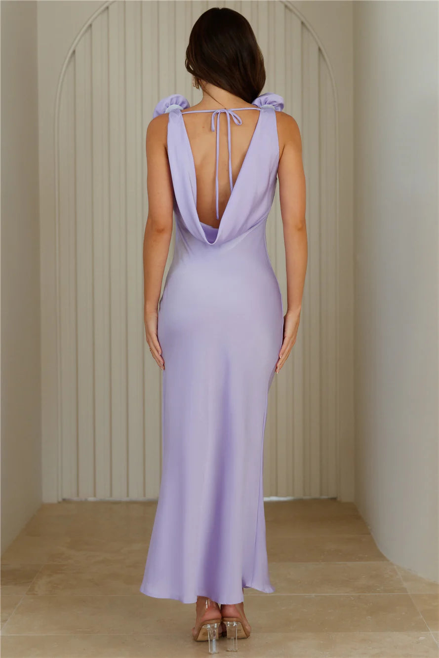 Lilac Satin Rose Applique Cowl Back Maxi Evening Dresses