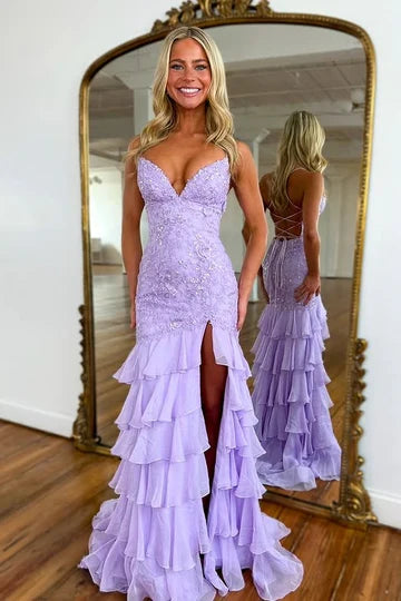 Lilac Spaghetti Strap Lace Mermaid Tiered Ruffle Prom Dress with High Slit