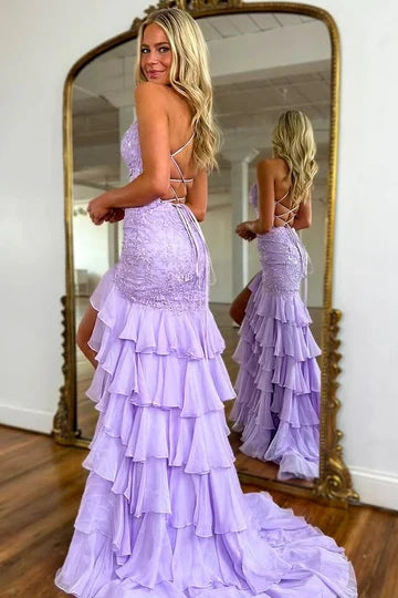 Lilac Spaghetti Strap Lace Mermaid Tiered Ruffle Prom Dress with High Slit