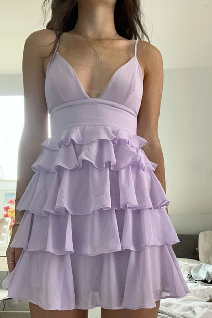 Lilac Spaghetti Straps V-Neck Layered Chiffon Short Homecoming Dress