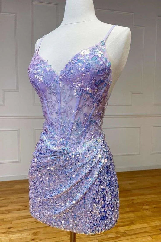 Lilac Spaghetti Straps V-Neck Sequins Bodycon Homecoming Dress