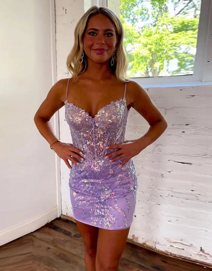 Light purple shiny thin suspender short tight back to school dress