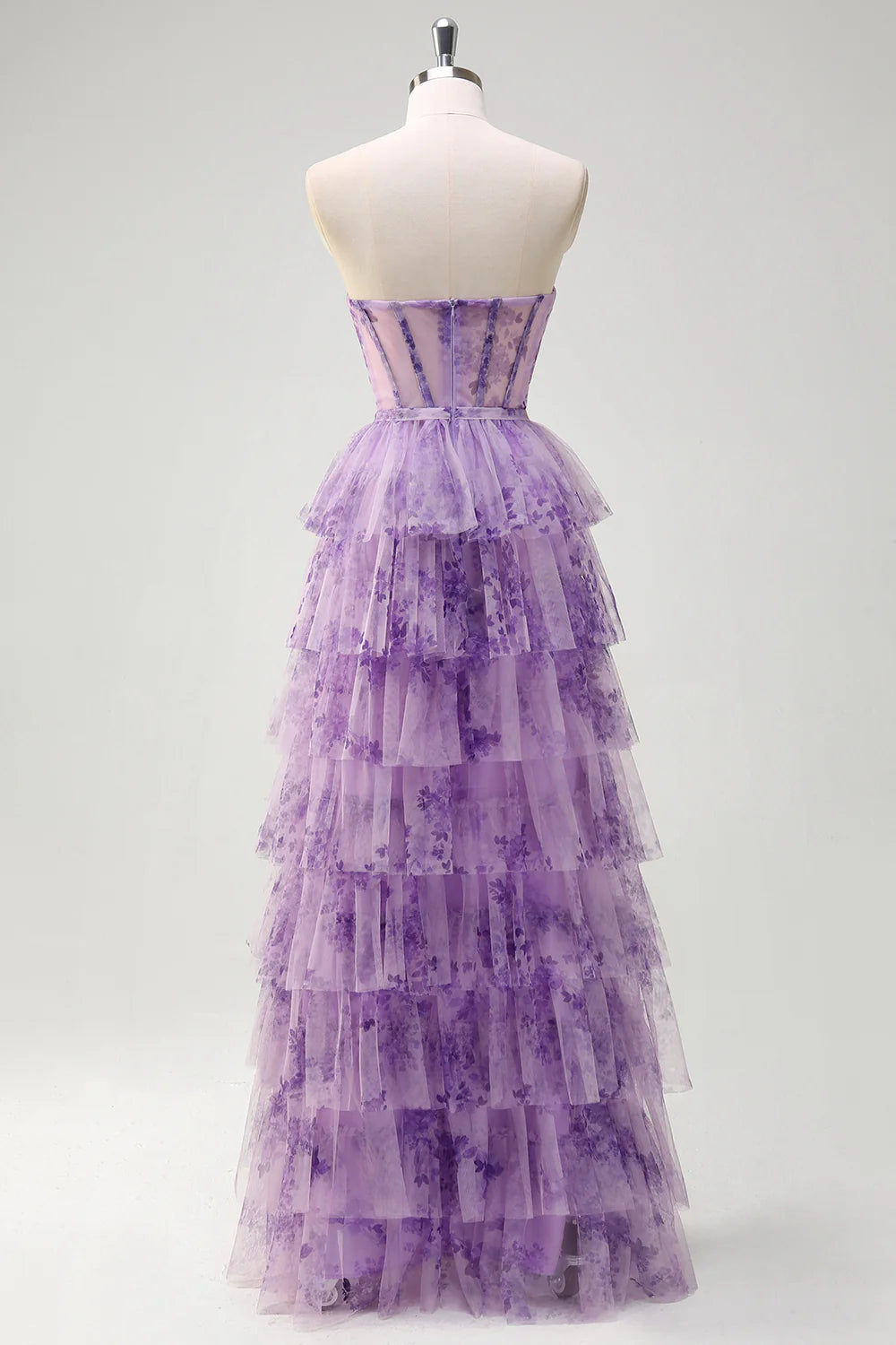 Lilac Strapless A Line Removable Sleeves Tiered Corset Printed Prom Dress with Slit