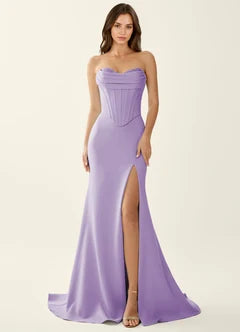 Lilac Strapless Corset Mermaid Slit Evening Dresses