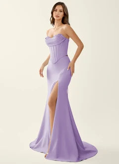 Lilac Strapless Corset Mermaid Slit Evening Dresses