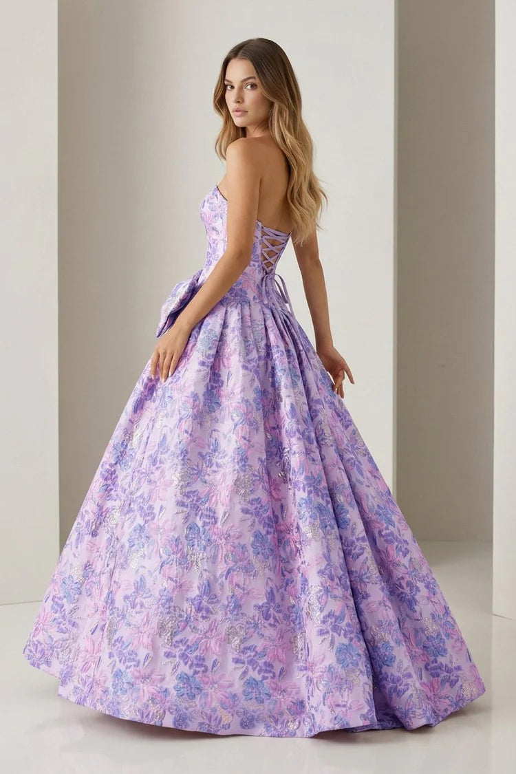 Lilac Strapless Floral Jacquard Bow Evening Dresses