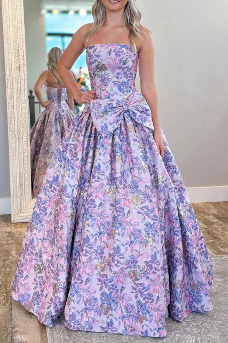 Lilac Strapless Floral Jacquard Bow Evening Dresses