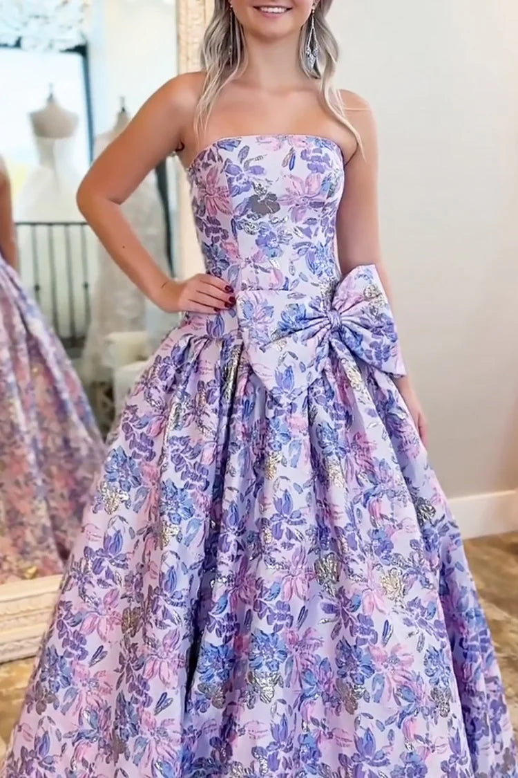 Lilac Strapless Floral Jacquard Bow Evening Dresses