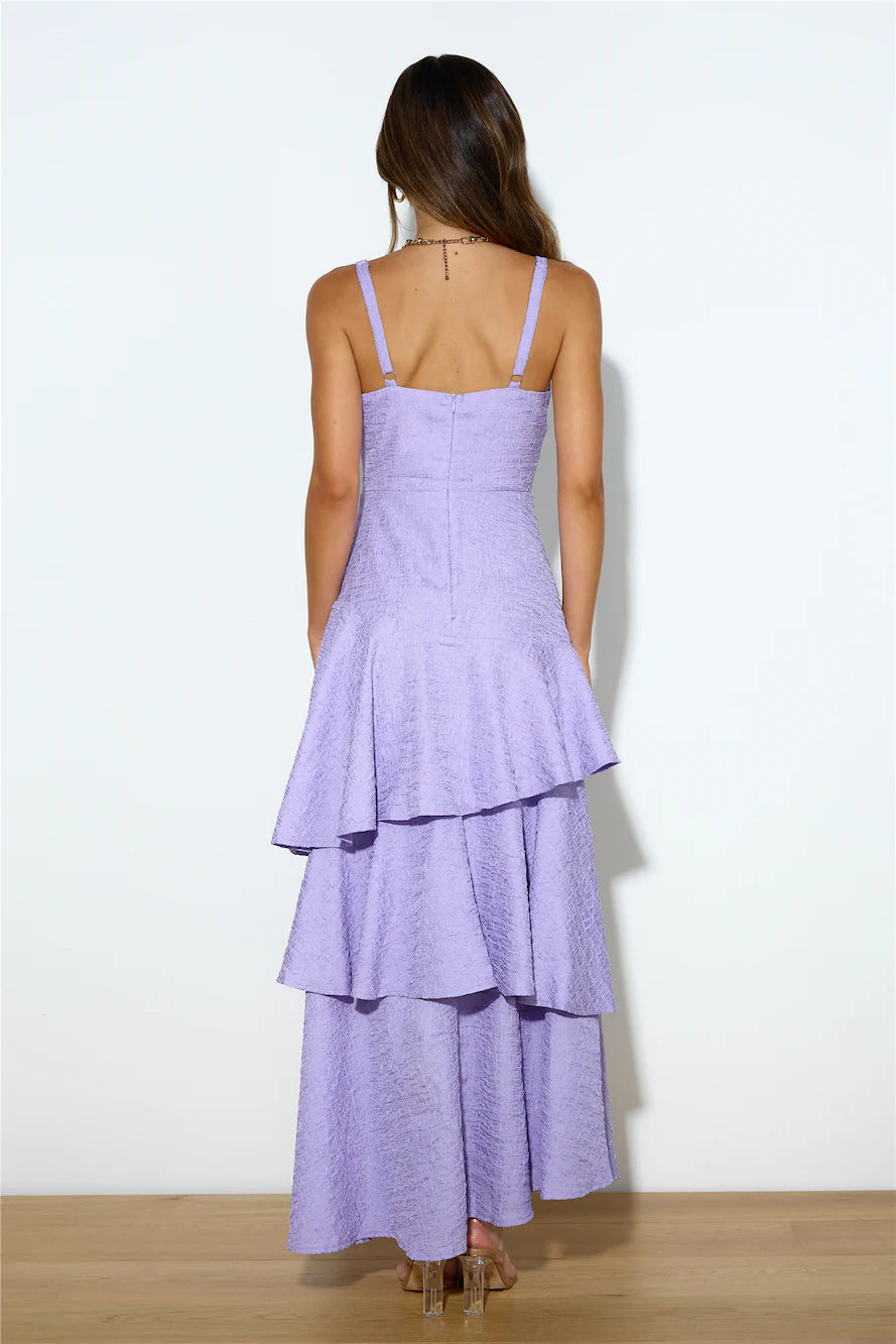 Lilac Textured Tiered Ruffle Maxi Evening Dresses