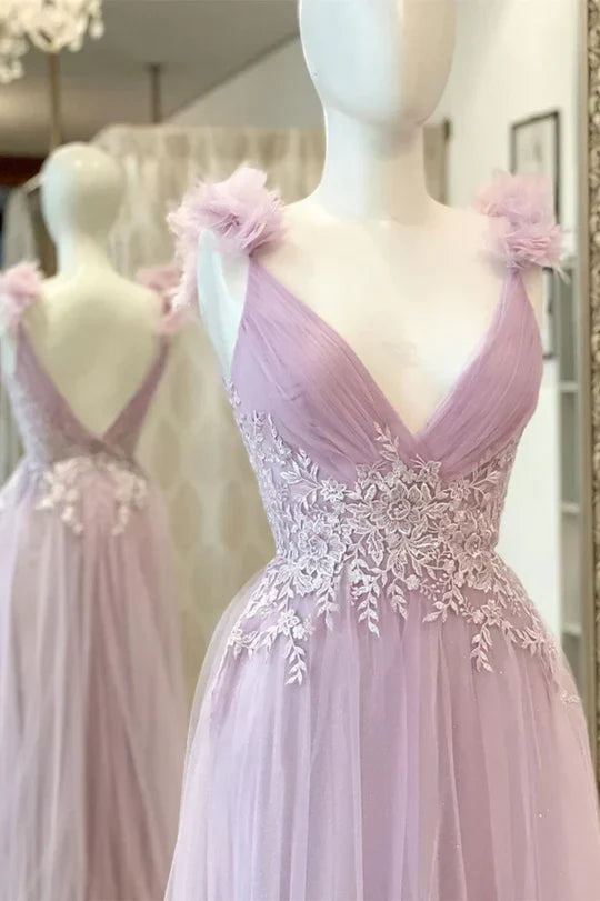 Lilac V-Neck Tulle Prom Dress with Floral AppliquÃ© and 3D Flower Straps