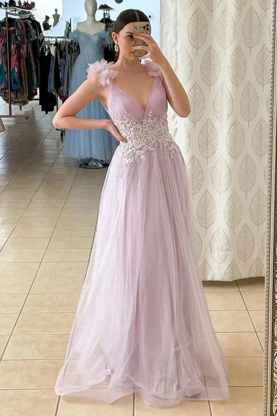 Lilac V-Neck Tulle Prom Dress with Floral AppliquÃ© and 3D Flower Straps