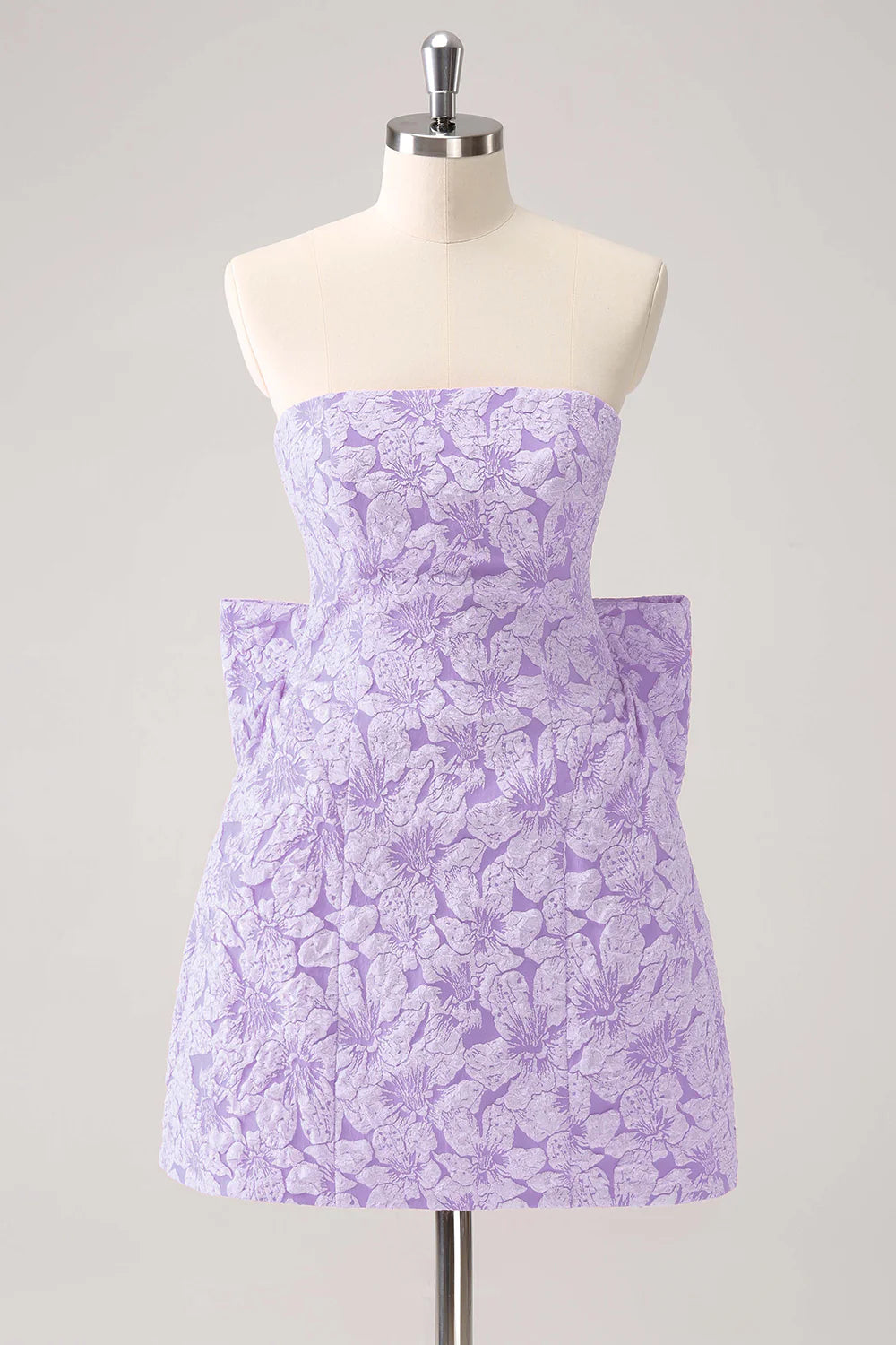 A-line strapless printed short bow back to school dress