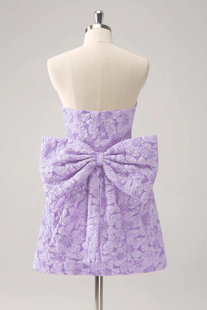 A-line strapless printed short bow back to school dress