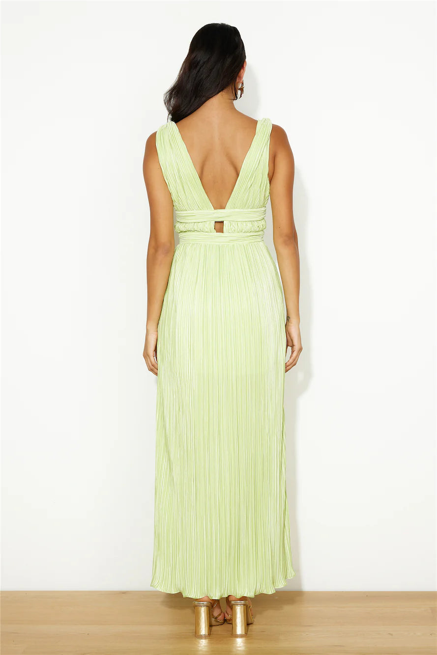 Lime Green Pleated Plunge Maxi Evening Dresses