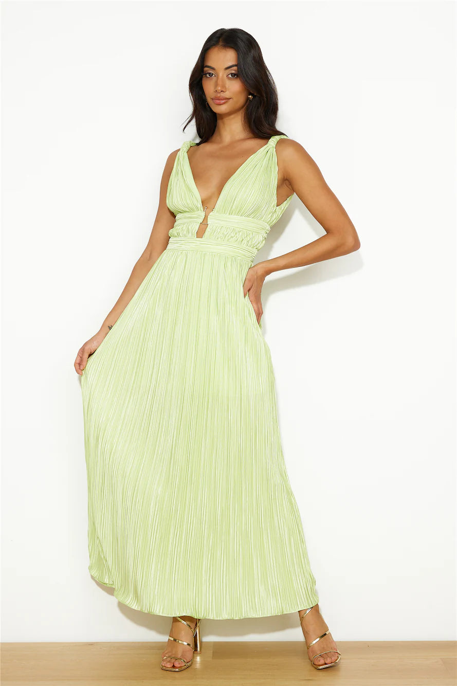 Lime Green Pleated Plunge Maxi Evening Dresses