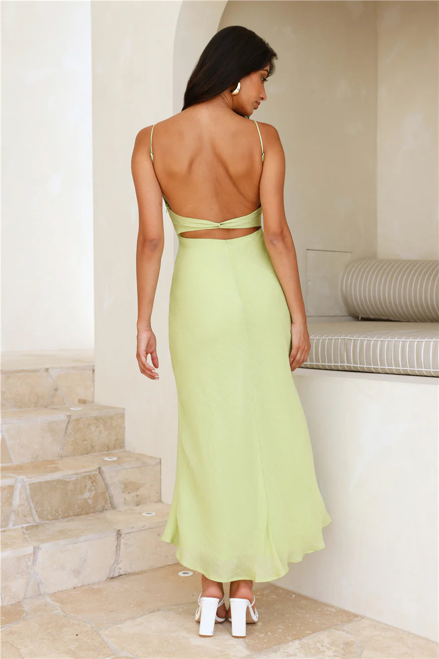 Lime Green Ruched Backless Midi Evening Dresses