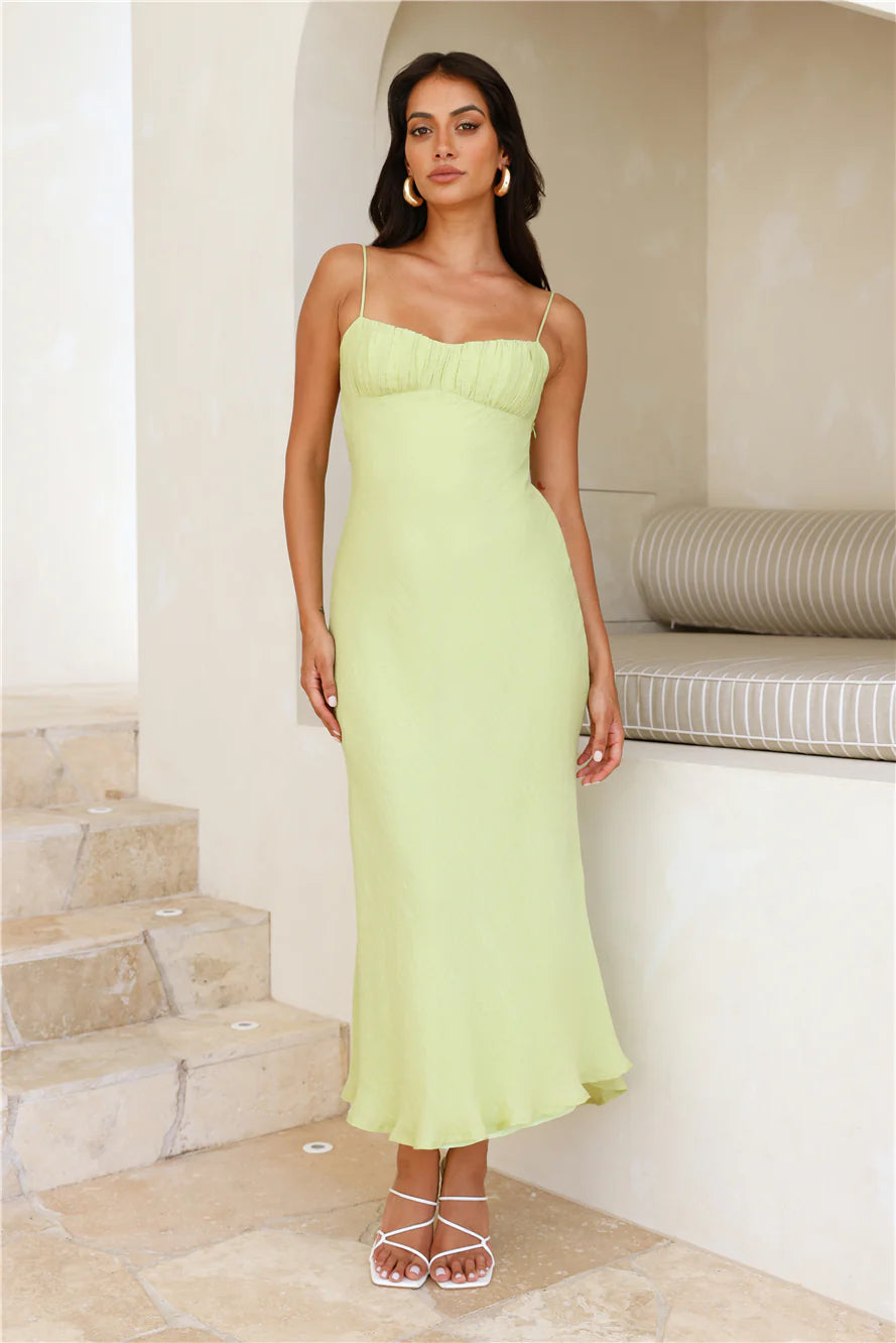 Lime Green Ruched Backless Midi Evening Dresses
