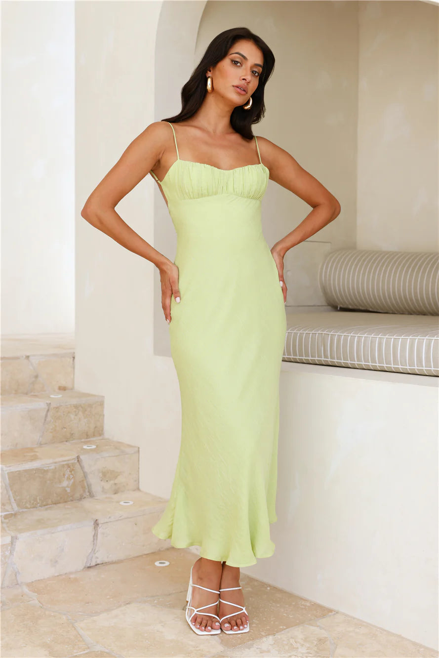 Lime Green Ruched Backless Midi Evening Dresses
