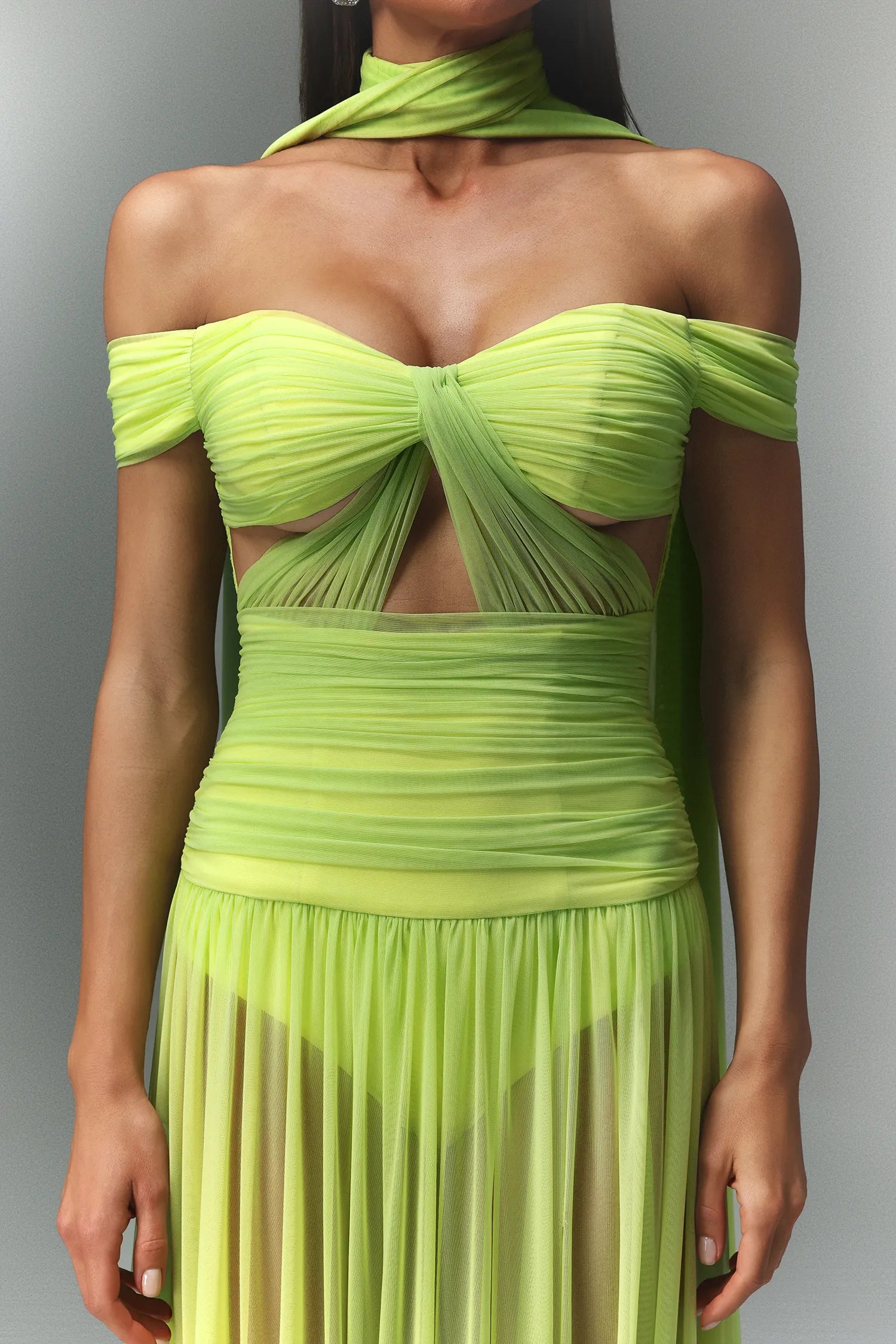 Lime Green Sheer Mesh Cutout Waist High Slit Maxi Evening Dresses