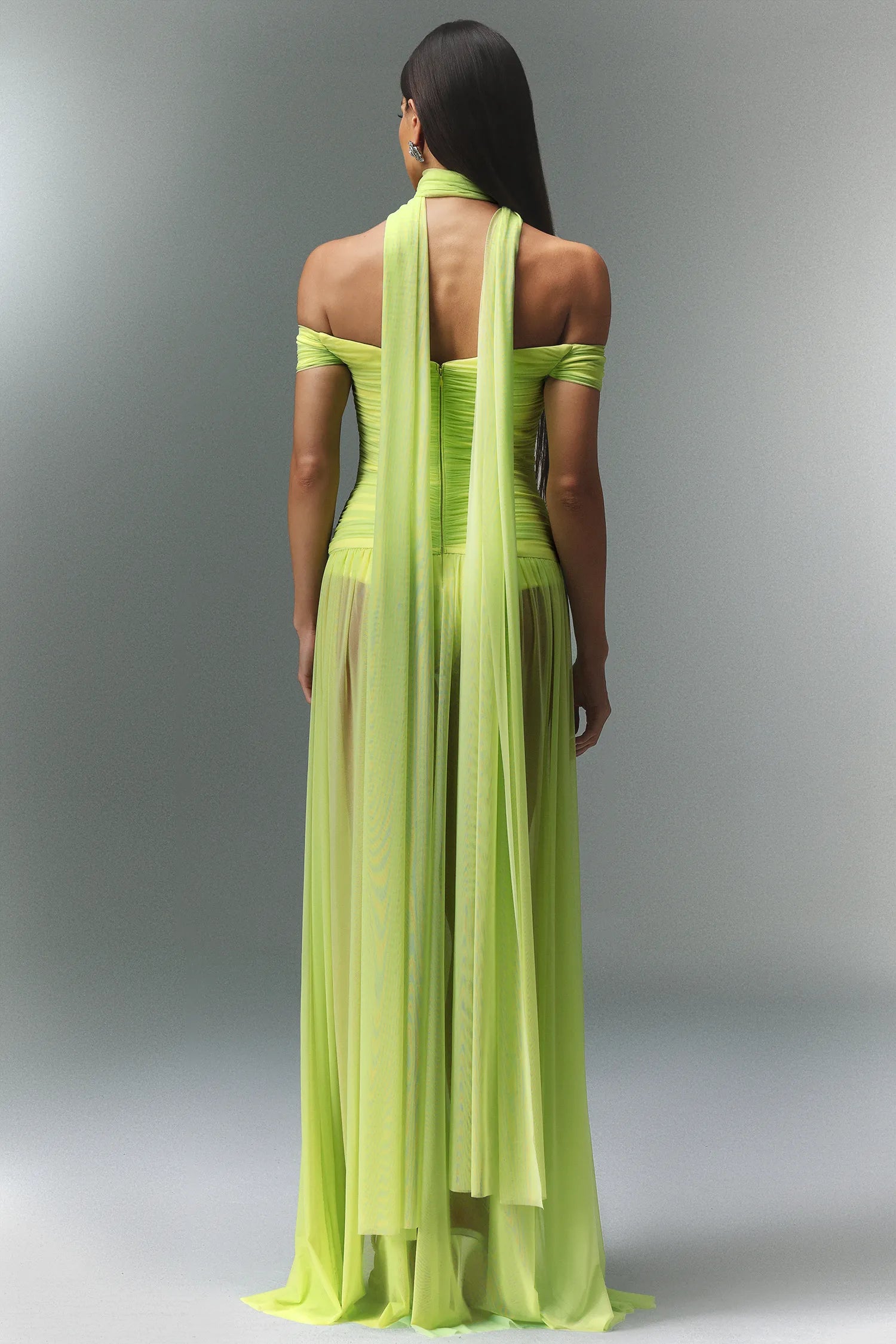 Lime Green Sheer Mesh Cutout Waist High Slit Maxi Evening Dresses