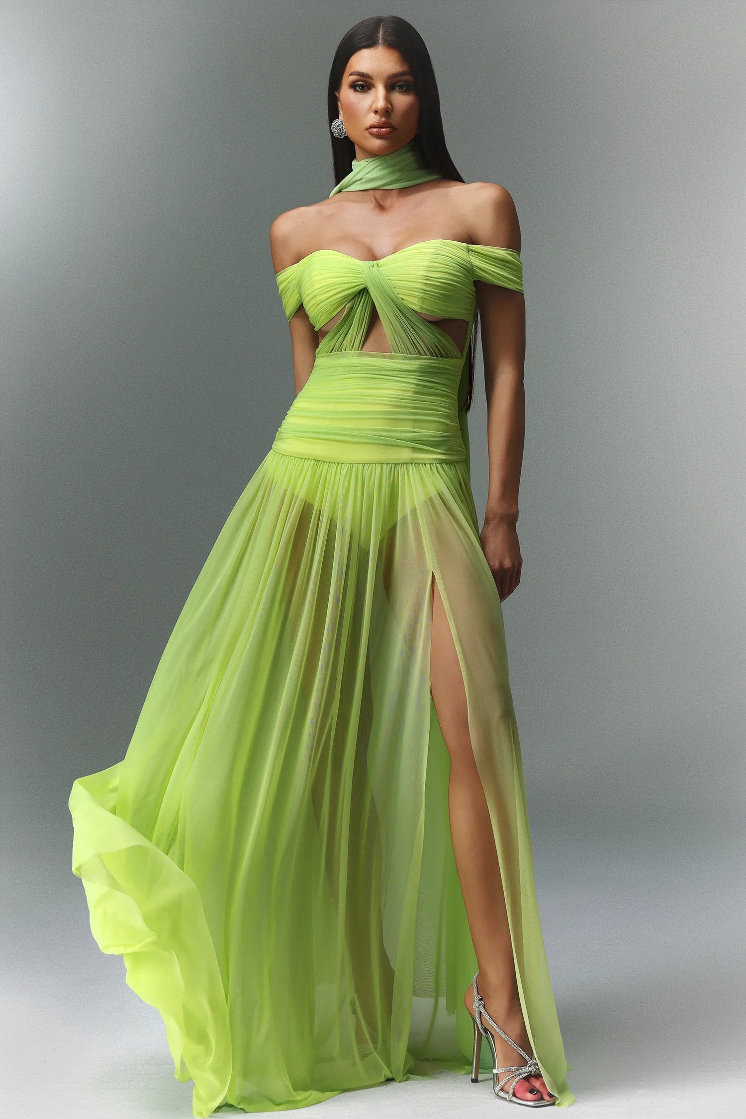 Lime Green Sheer Mesh Cutout Waist High Slit Maxi Evening Dresses